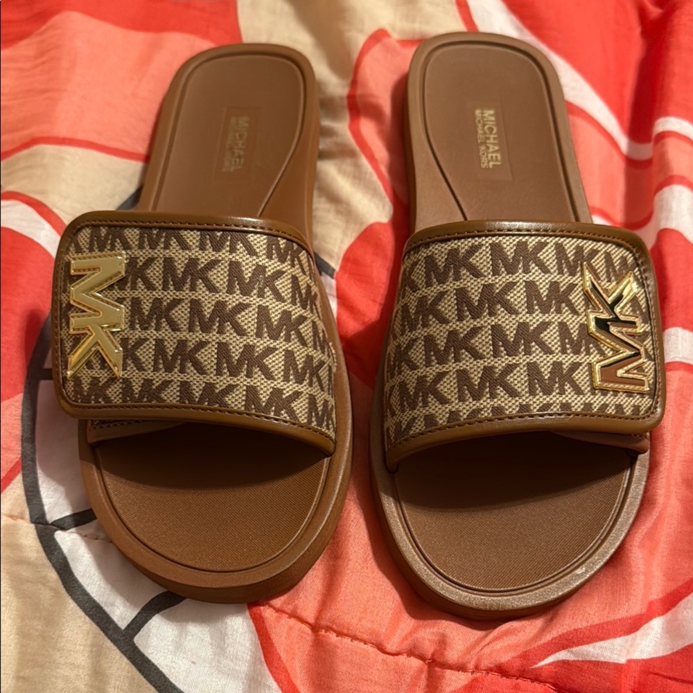 Michael Kors Tan and Gold Logo Slides